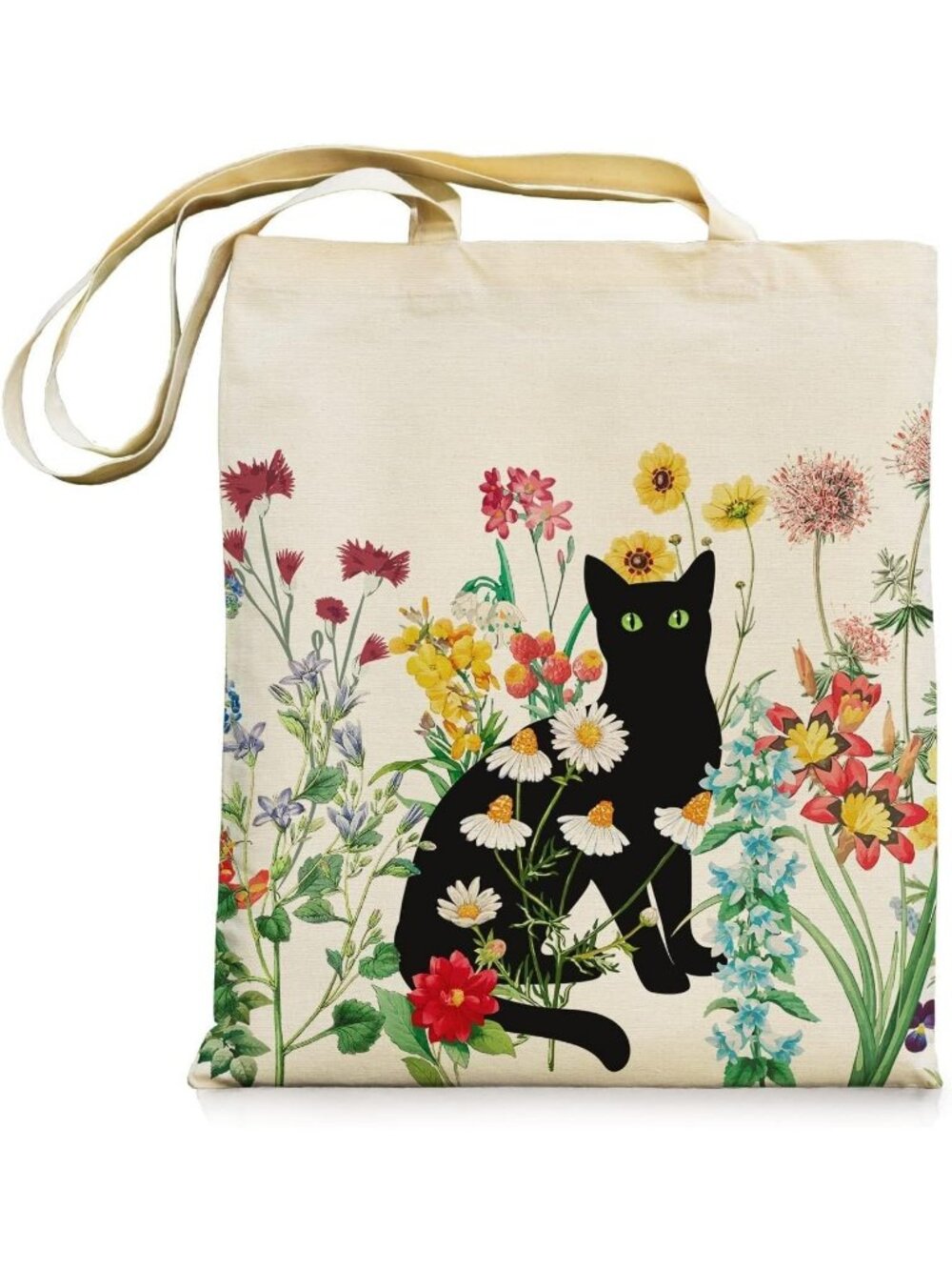 🎃Aesthetic Canvas Tote Bag with Inner Pocket Cotton Bag Black Cat in Flowers